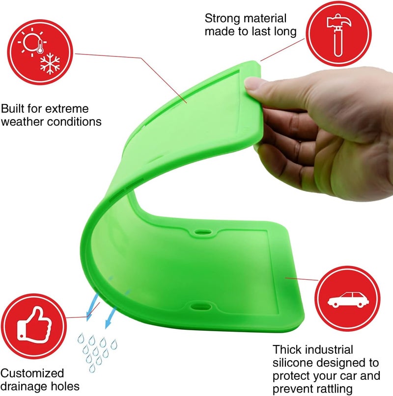 XCLPF Silicone Green License Plate Frame Covers 2 Pack- Front and Back Car Plate Bracket Holders. Rust-Proof, Rattle-Proof, Weather-Proof (Green) - Image 4